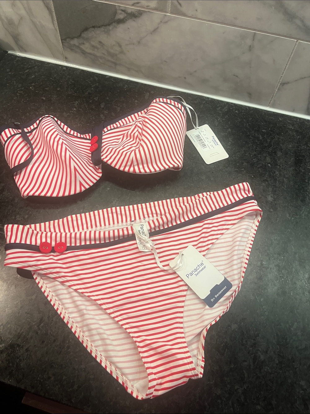 NWT Panache Kids Red & White Striped Bikini Set with Navy Trim